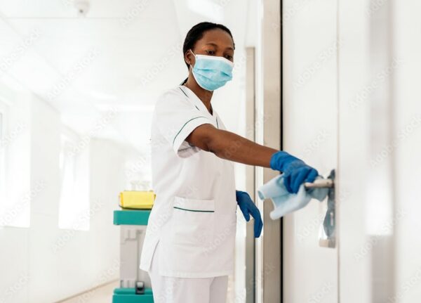 nurse cleaning door handle in hospital