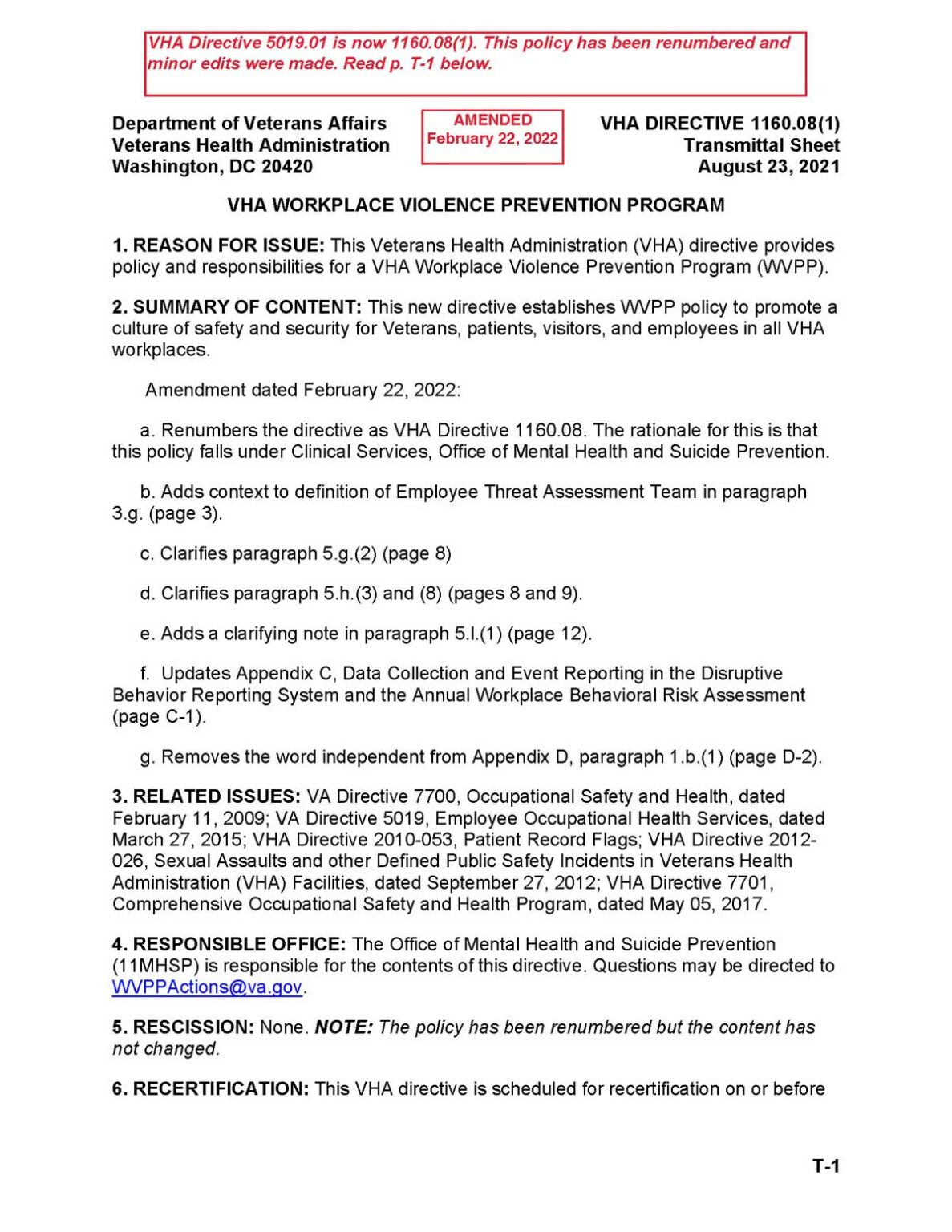 VHA Workplace Violence Prevention Program Policy Courtemanche