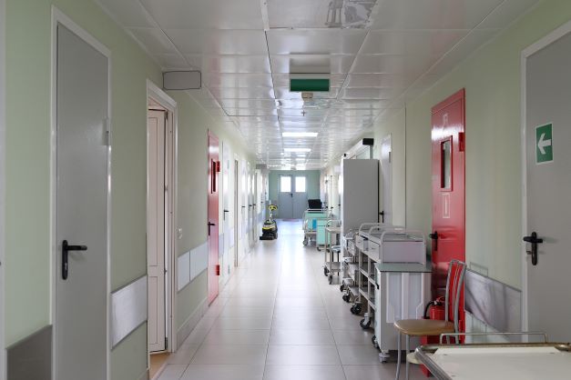 Hospital hallway with clutter