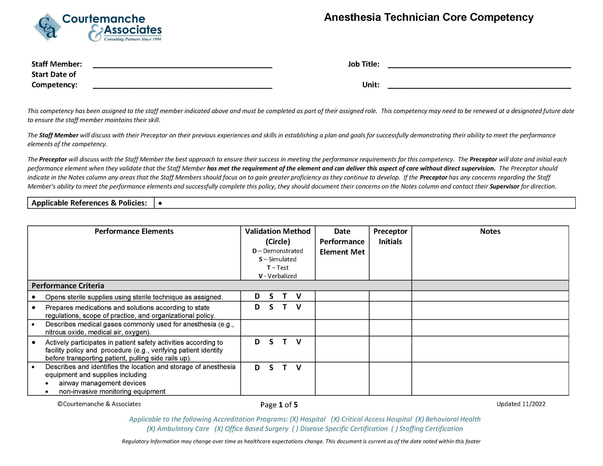 Competency checklist anesthesia technician courtemanche associates