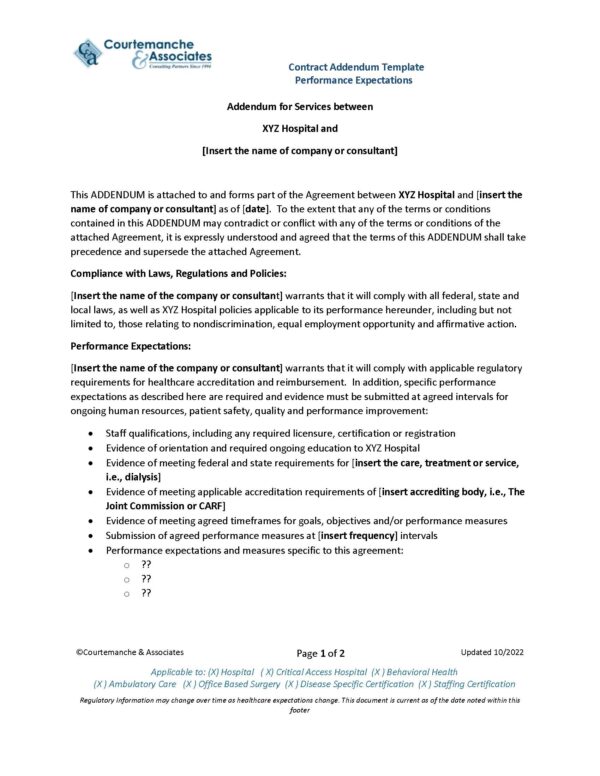 Clinical Contract Addendum Template For Performance Metrics Clinical Contract Addendum Template For Performance Metrics