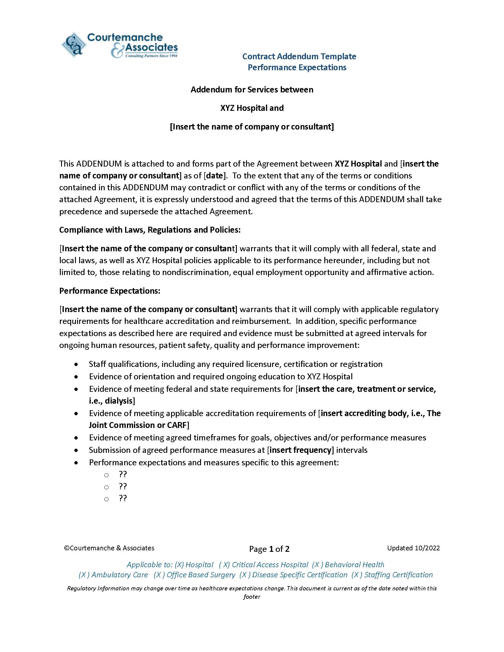 Clinical Contract Addendum Template For Performance Metrics