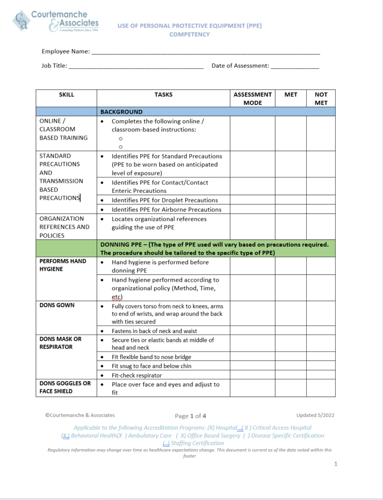 Donning doffing ppe competency checklist assesment tool c a
