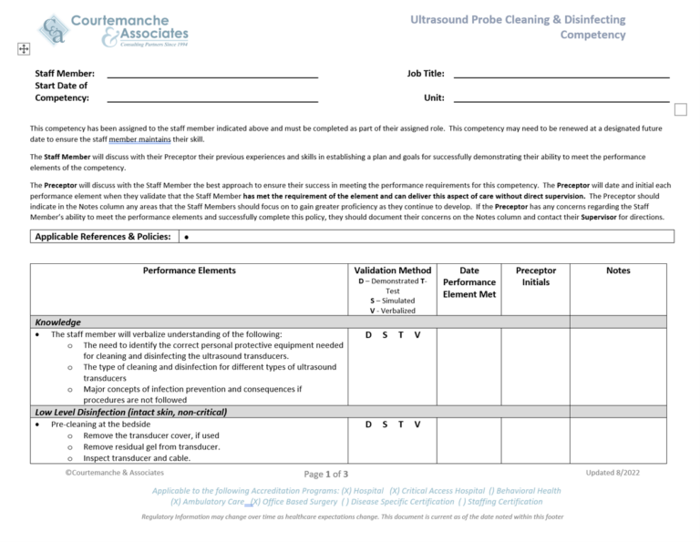 Ultrasound Probe Cleaning Competency Checklist Tool C&A