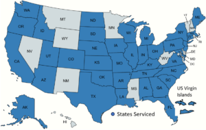 Map of all states and territories serviced by Courtemanche shown in blue