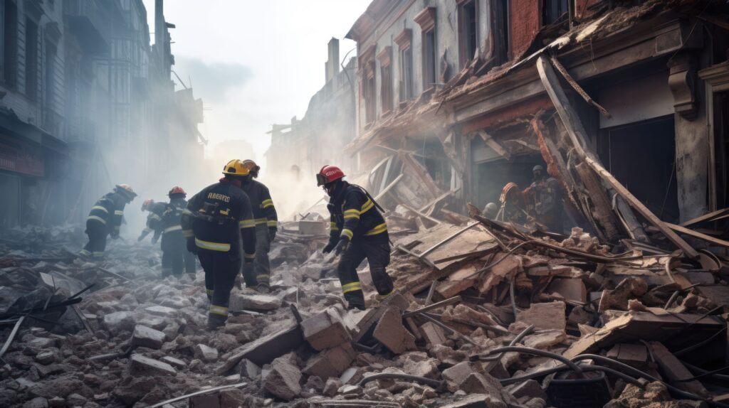 Rescue team is searching for victims through post disaster building ruins