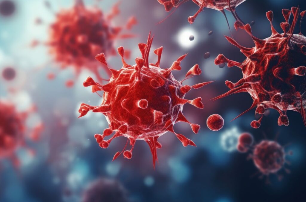 Detailed observation of SARS CoV 2 among blood cells copy space image