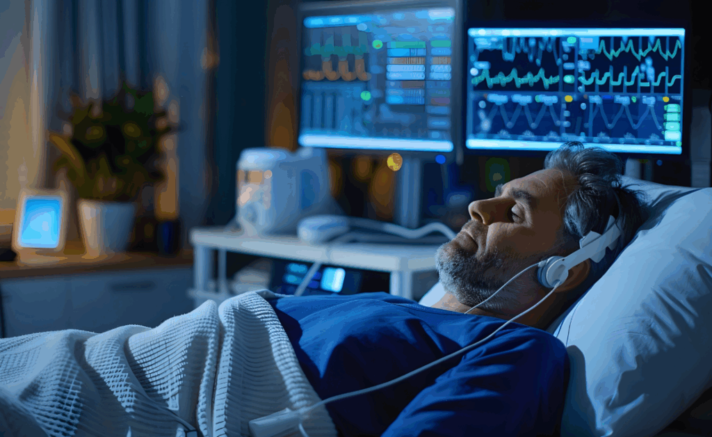 Hospital patient undergoing sleep assessment.