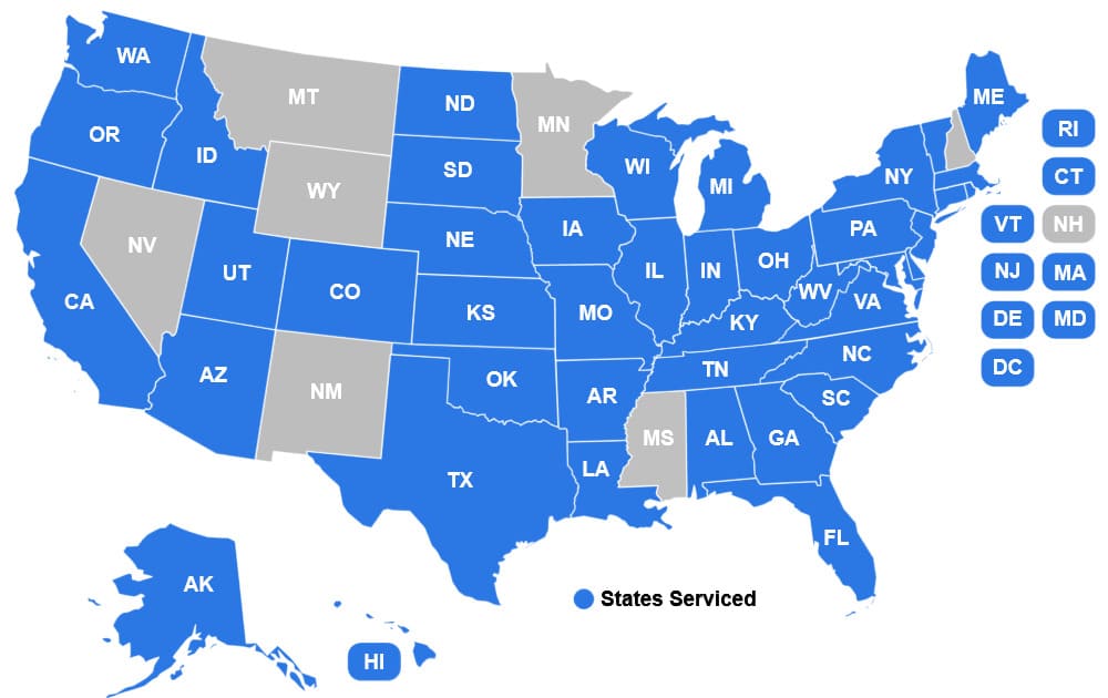 Map of United States with states serviced colored in blue.