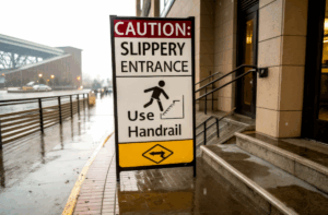 slippery when wet sign in front of hospital