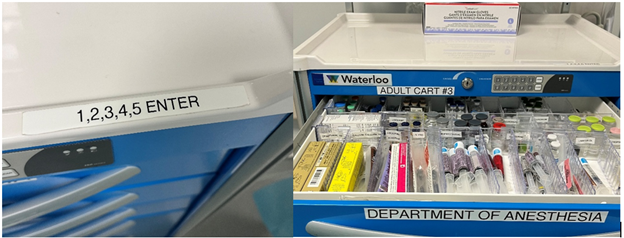 image shows medication storage cart with manufacturer's set codes.