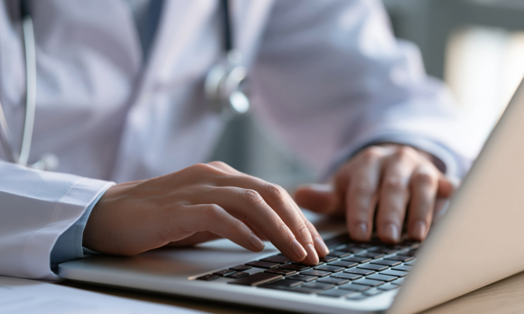 Healthcare worker typing a sentinel event report