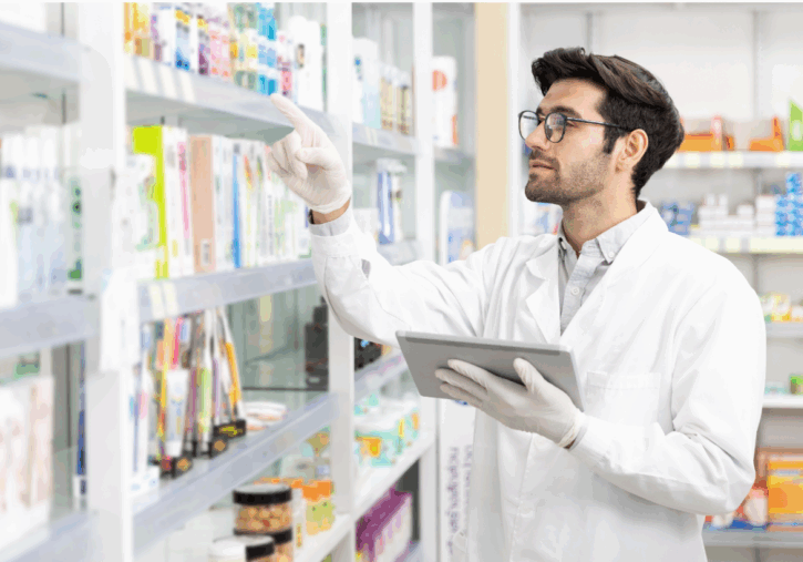 Pharmacy staff logging medication in storage room.